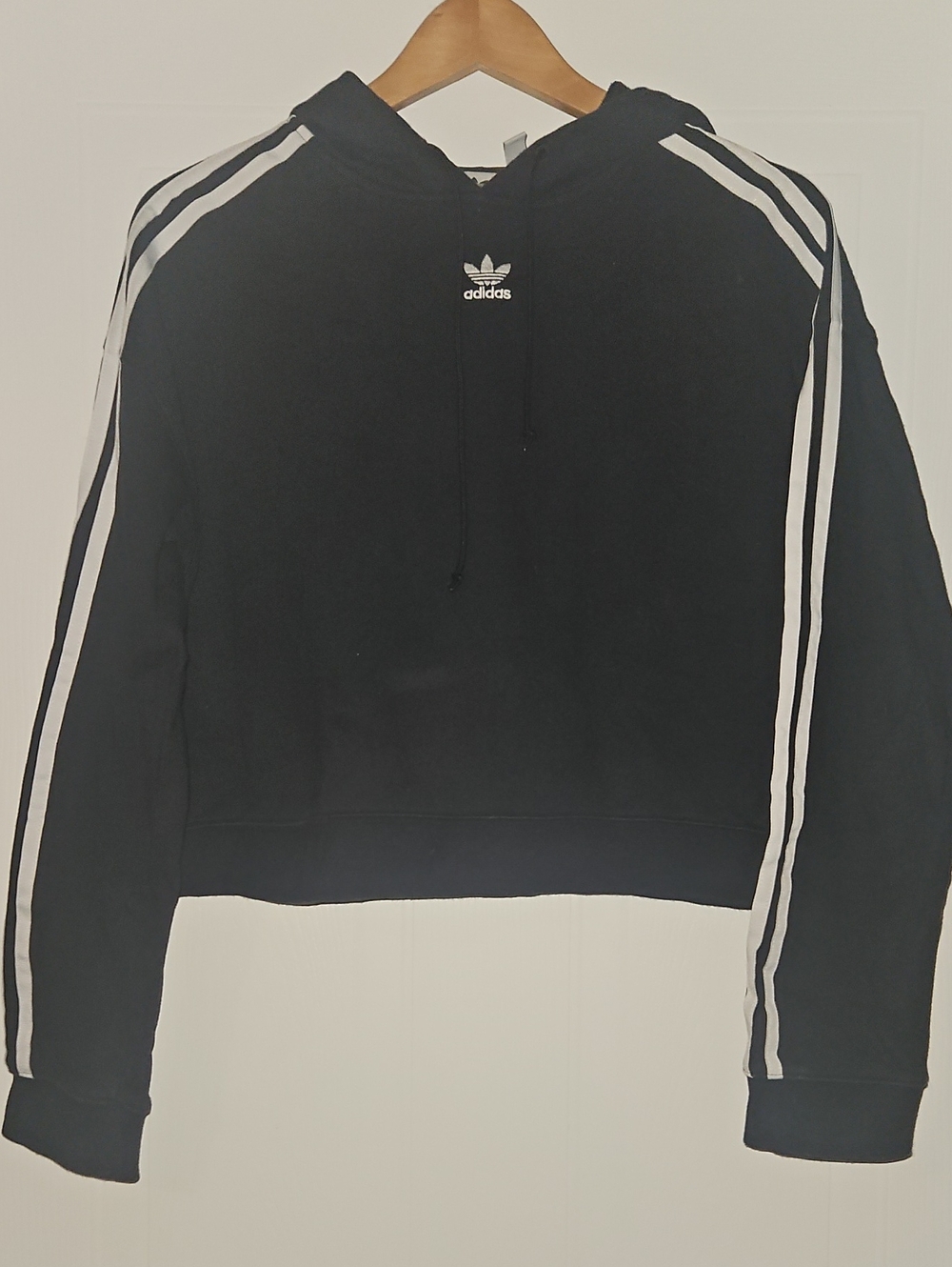adidas Black Cropped Crewneck Sweatshirt with White Stripes